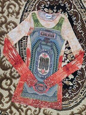 Jean Paul Gaultier Long Sleeve Mesh Top Banknote Y2K 90s Designer